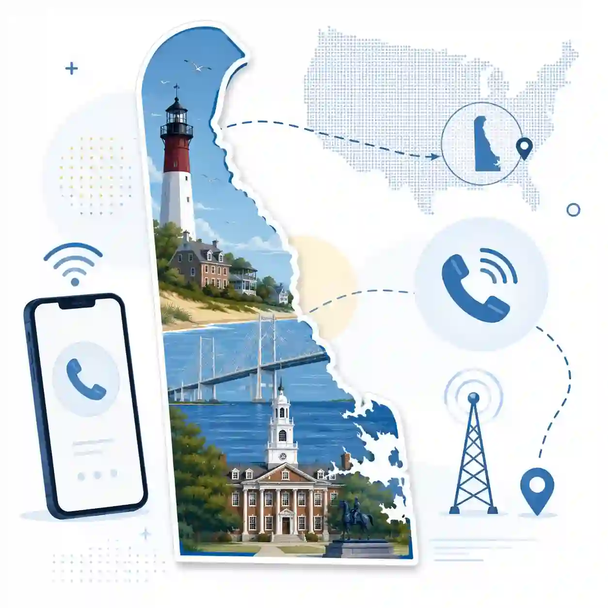 Delaware state map with icons for mobile, office, remote team and call center connected to a central phone pin
